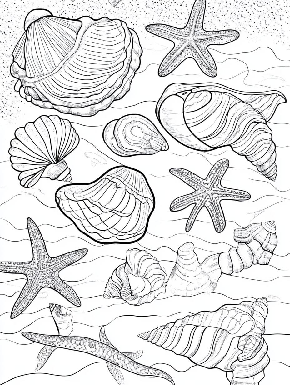 Seashells And Starfish On The Shore Coloring Pages