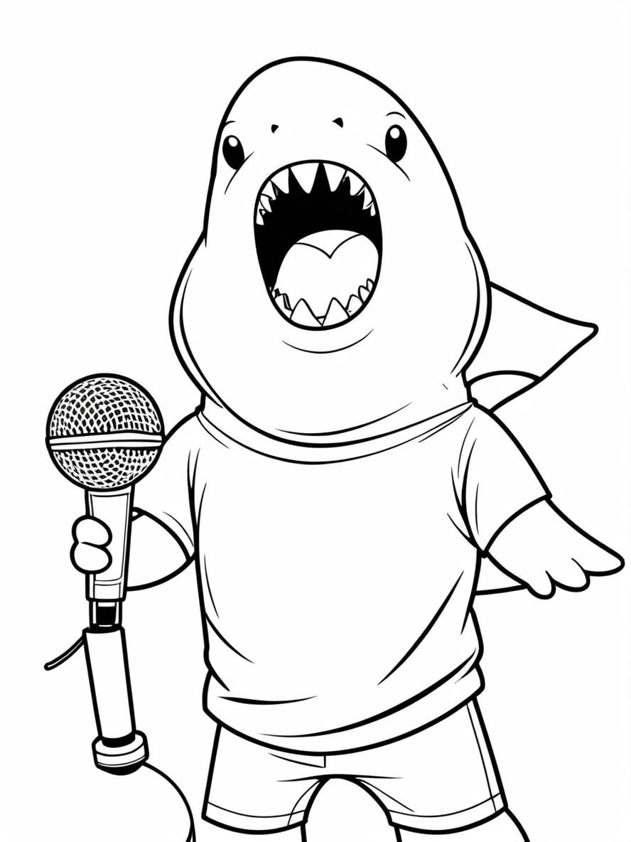 Shark In Shirt Singing On Microphone Coloring Pages