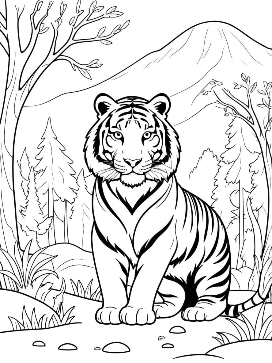 Siberian Tiger In Wild Coloring Sheet