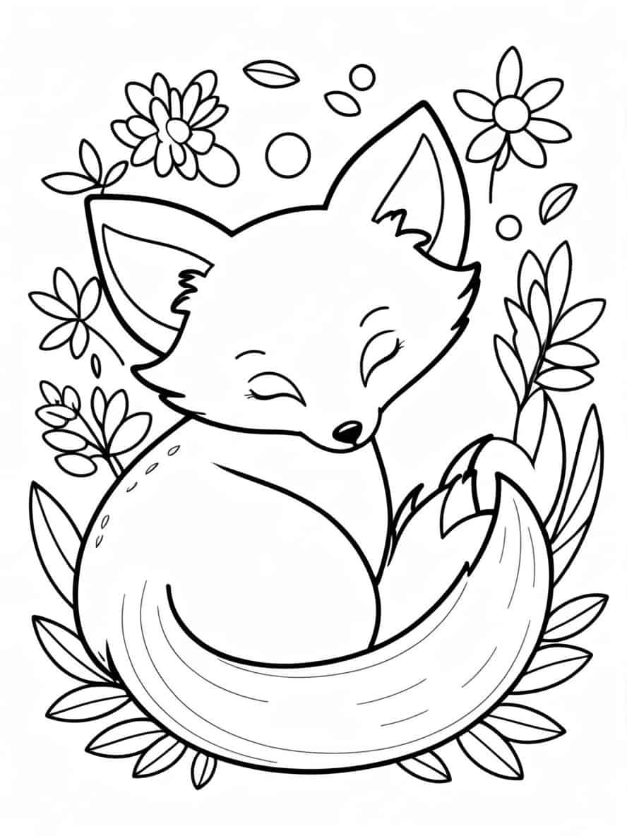 Simple Baby Fox Sleeping On Flowers Coloring Pages