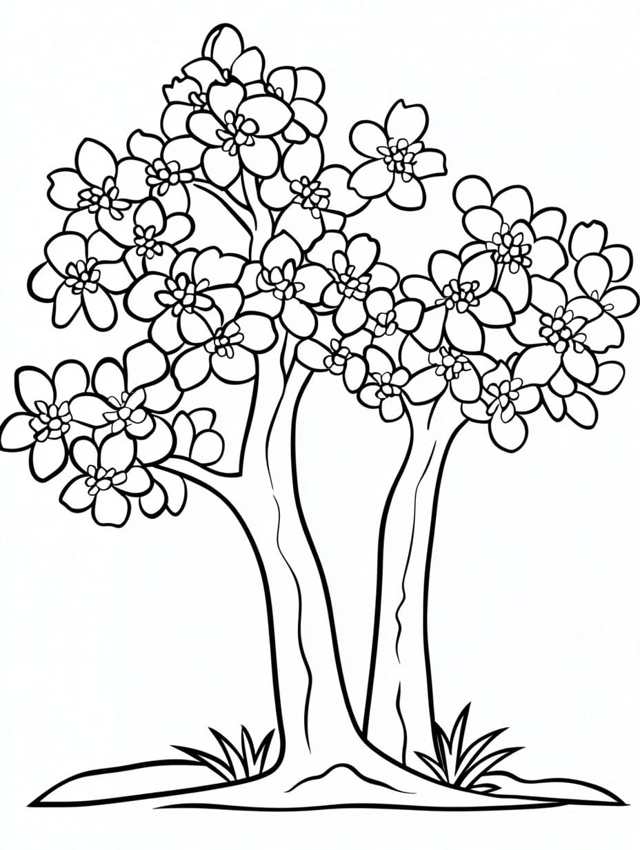 Simple Blossoming Cherry Trees In Spring Coloring Pages