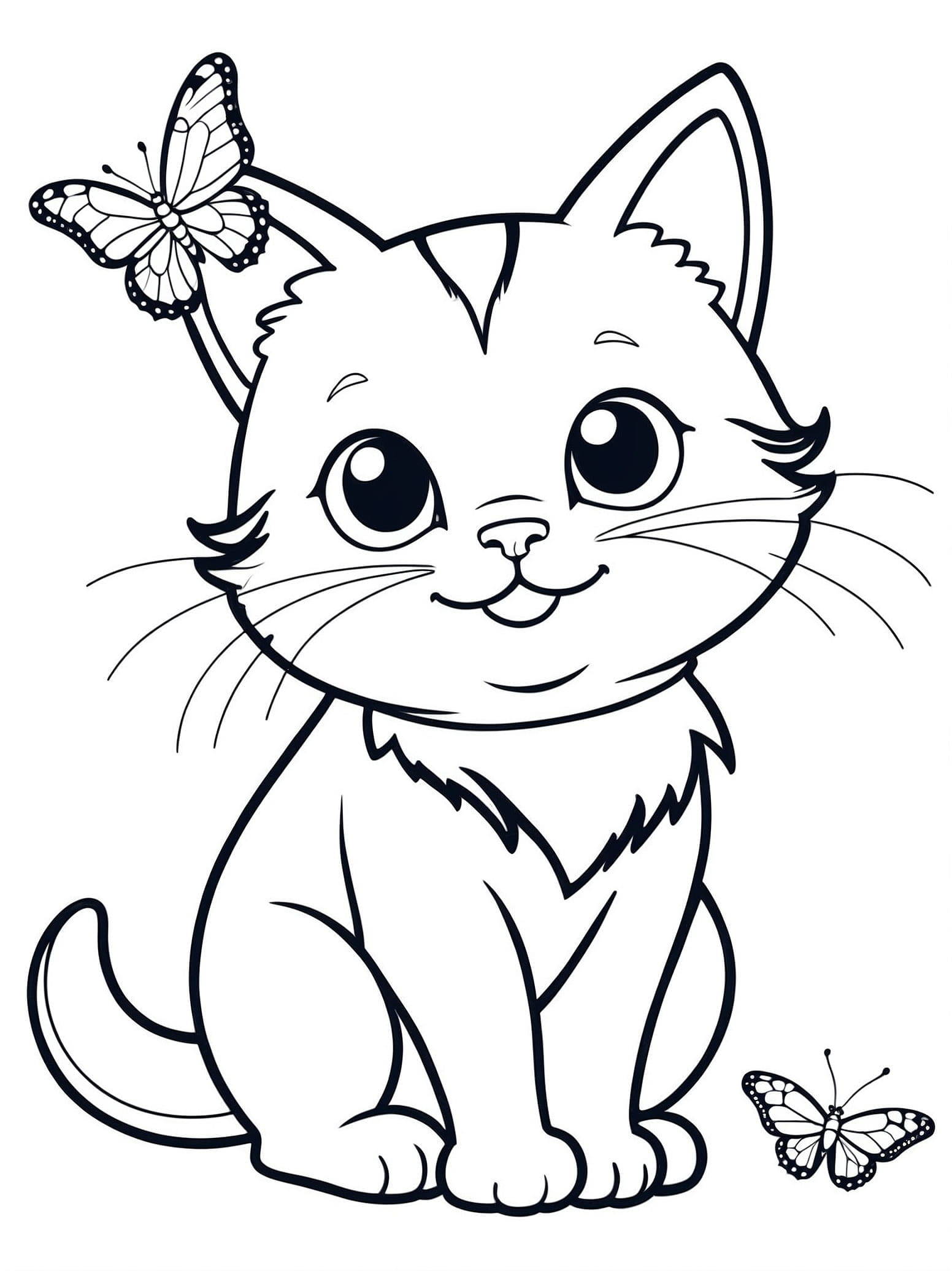 Simple Cat And Butterfly Coloring Pages