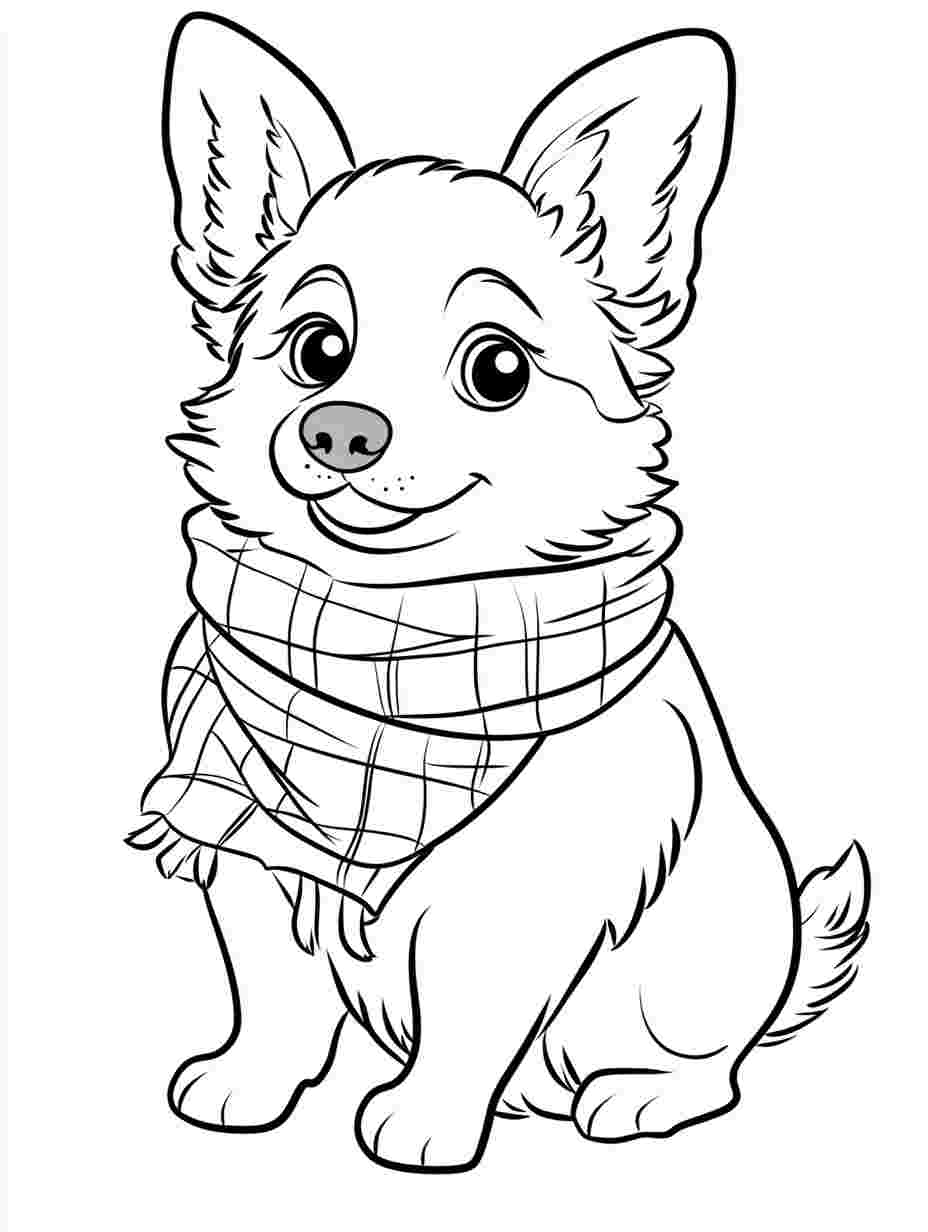 Simple Corgi With Checkered Scarf Coloring Sheets