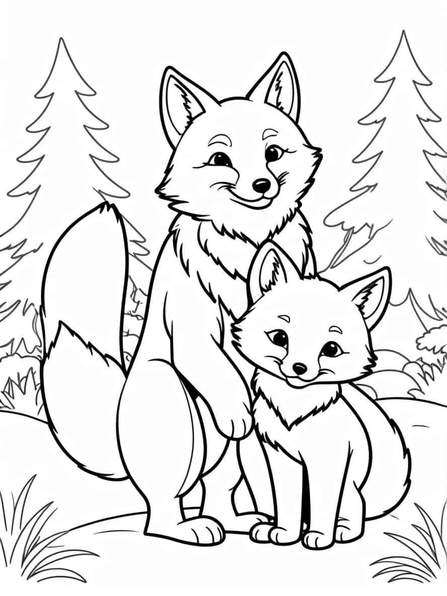 Simple Fox With Baby Fox Coloring Pages