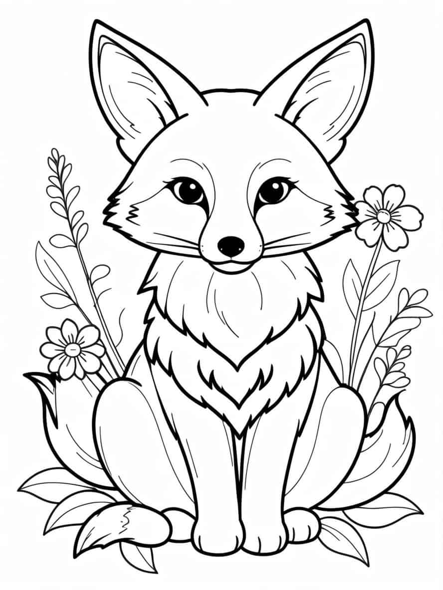 Simple Fox With Flowers Coloring Pages