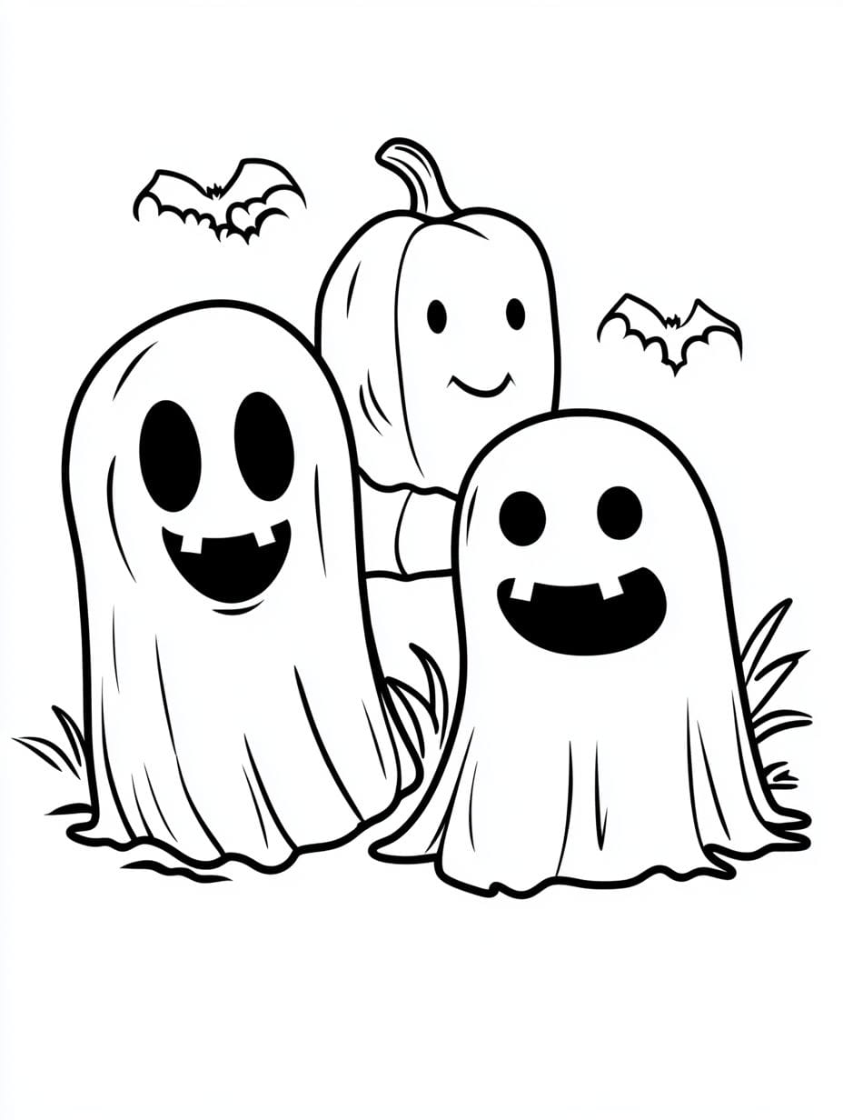 Simple Friendly Ghosts Hallowen Coloring Pages