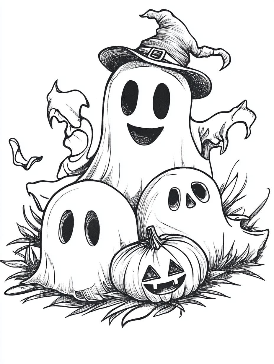 Simple Ghosts And Magic Halloween Coloring Pages