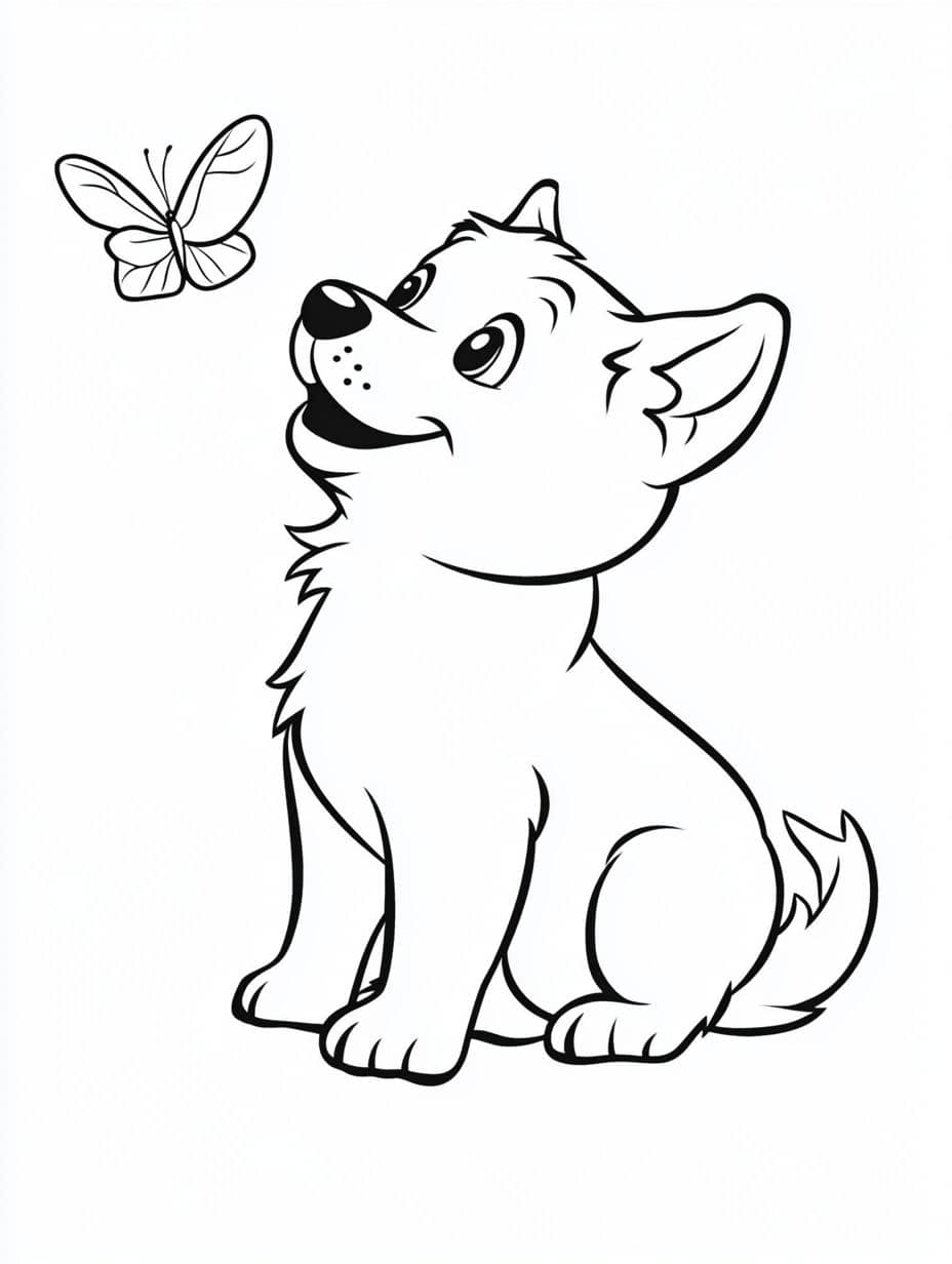 Simple Husky With Butterfly Coloring Page For Kid