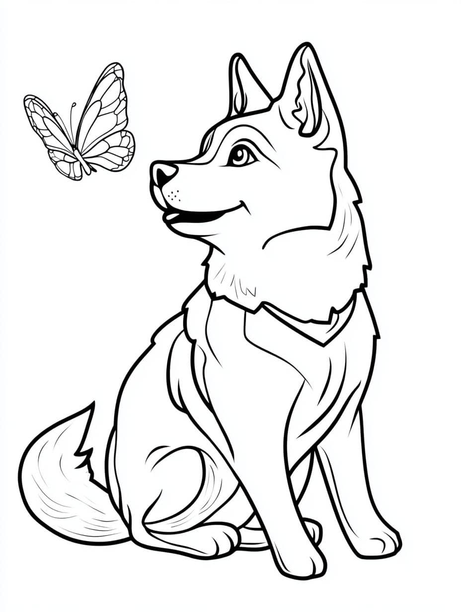 Simple Husky With Butterfly Coloring Pages