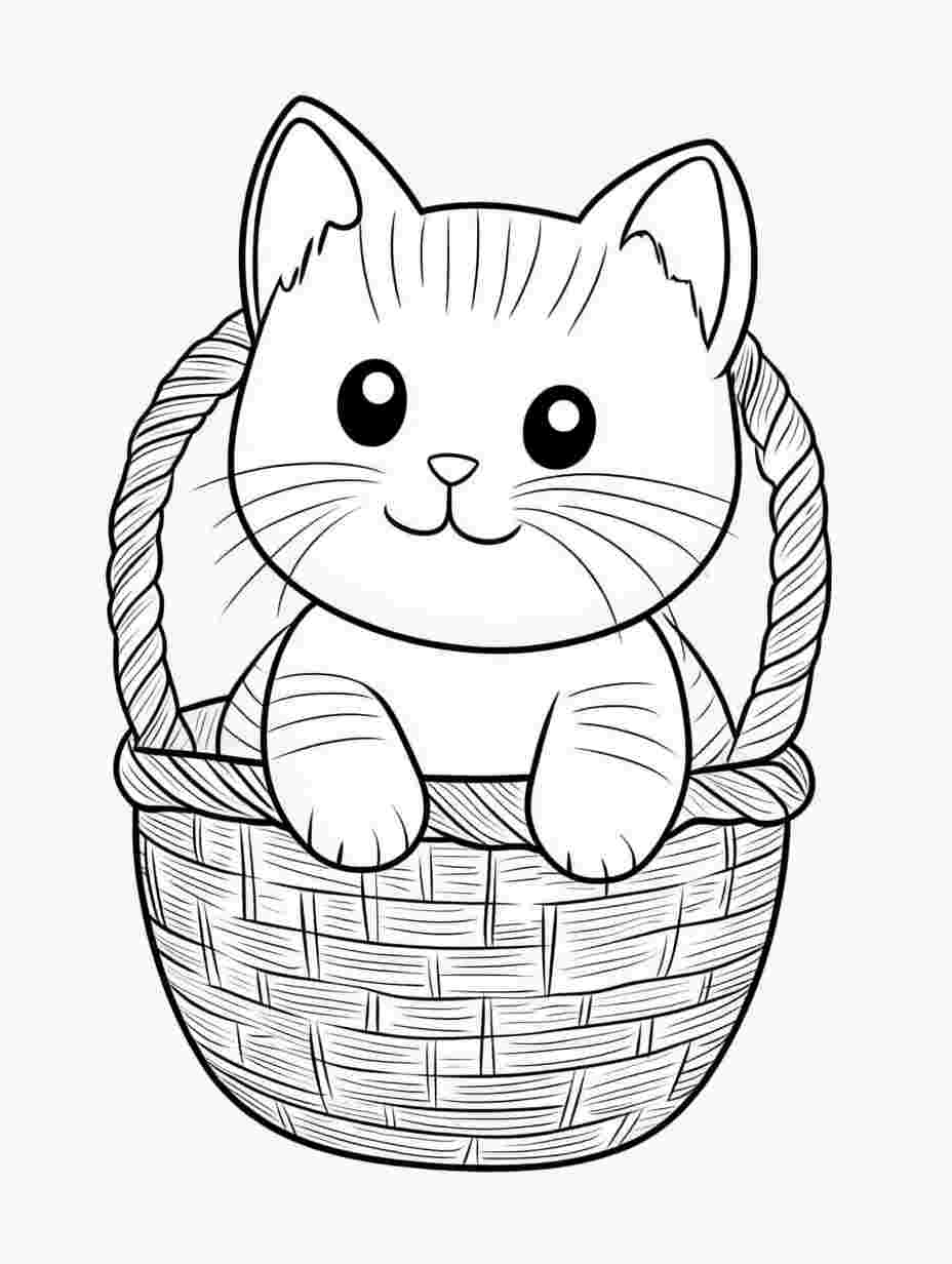 Simple Kitten In A Basket Coloring Pages