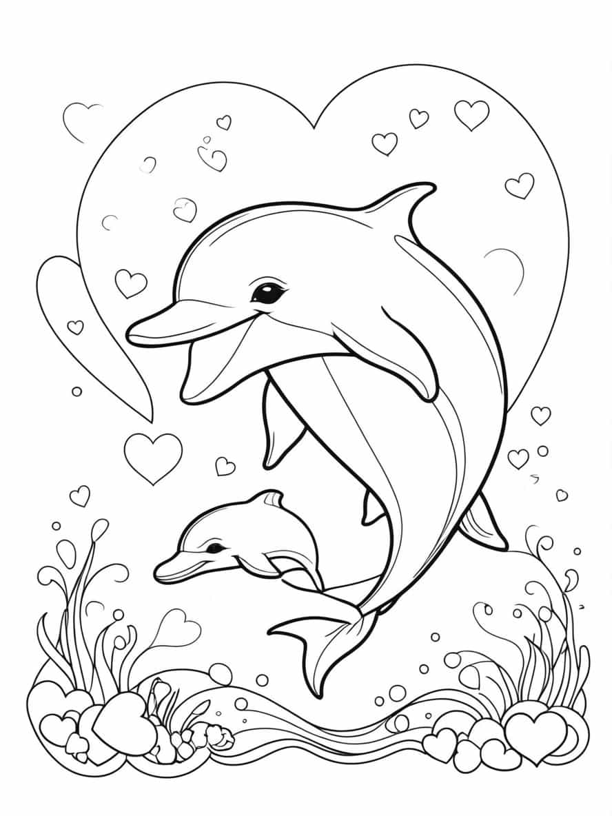 Simple Mother And Baby Dolphin With Love Hearts Coloring Pages