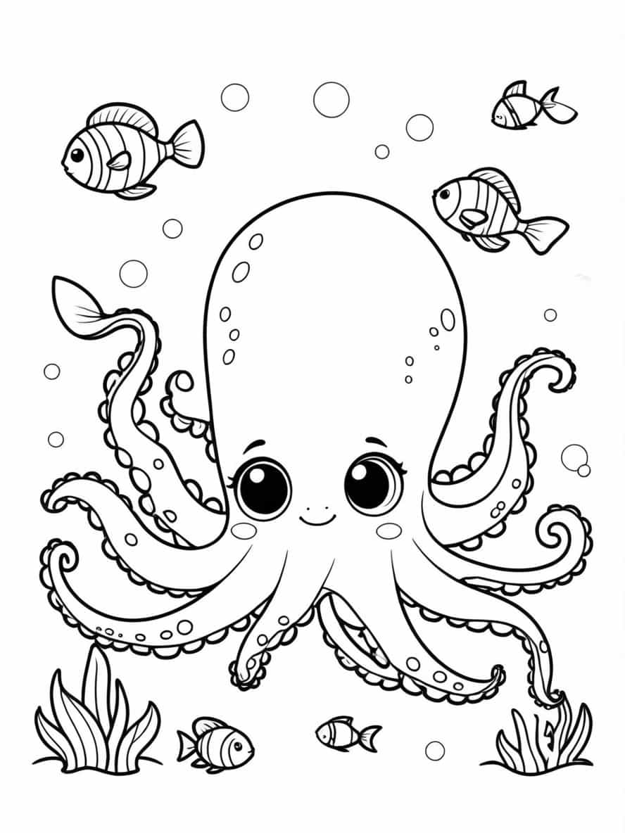 Simple Octopus Swimming With Fish Coloring Pages