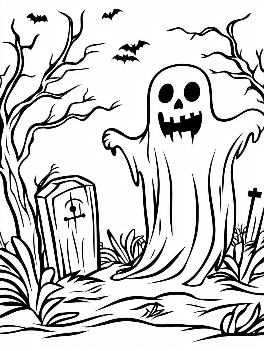 Simple Spooky Halloween Ghost In Graveyard Coloring Pages