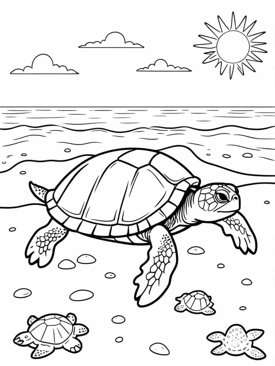 Simple Turtle Sun Baking On Beach Coloring Pages