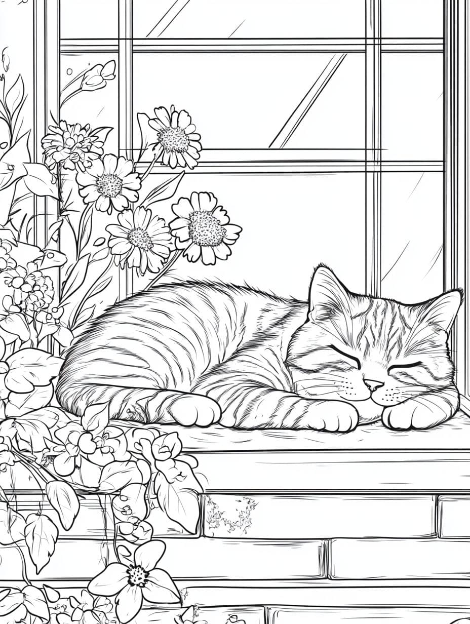 Sleepy Cat In A Sunbeam Coloring Pages