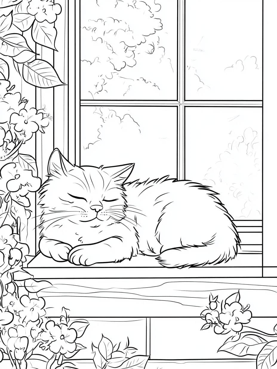 Sleepy Cat In A Window Coloring Pages