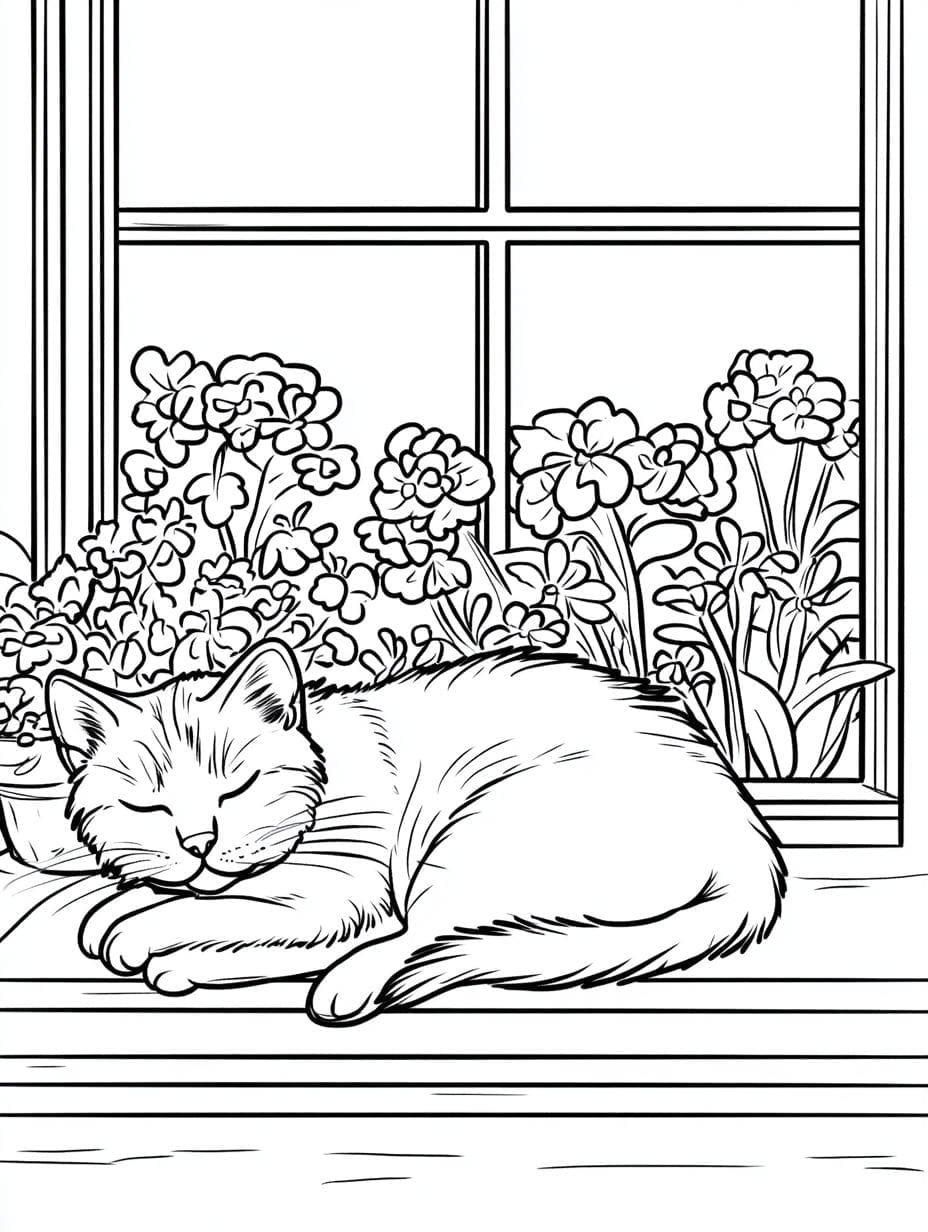 Sleepy Cat On A Bed Coloring Pages