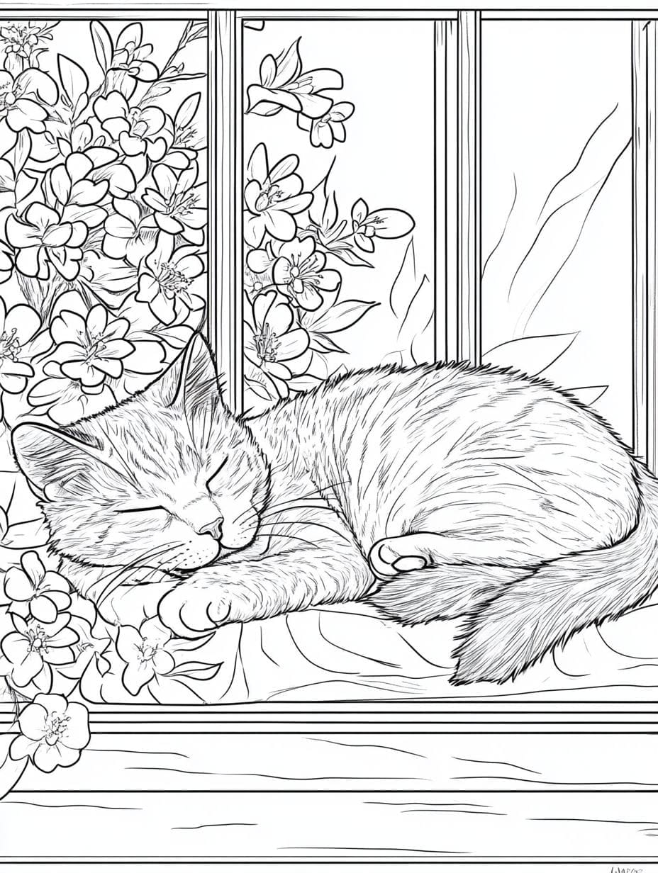 Sleepy Cat With A Window View Coloring Pages