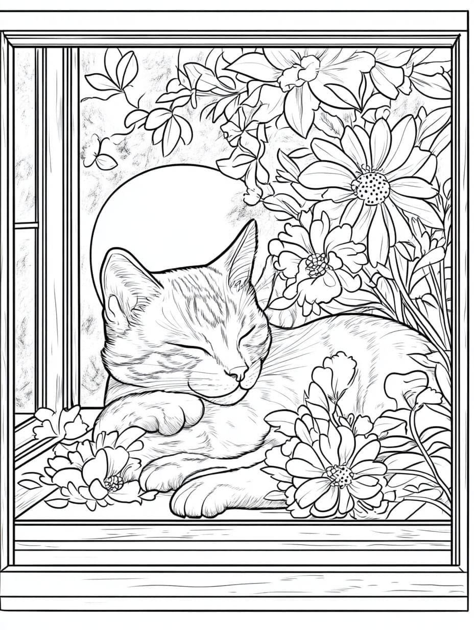 Sleepy Cat With Flower Coloring Pages