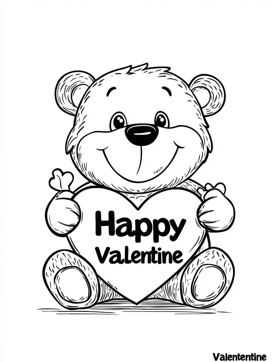 Smiling Bear Holding Happy Valentine Coloring Pages