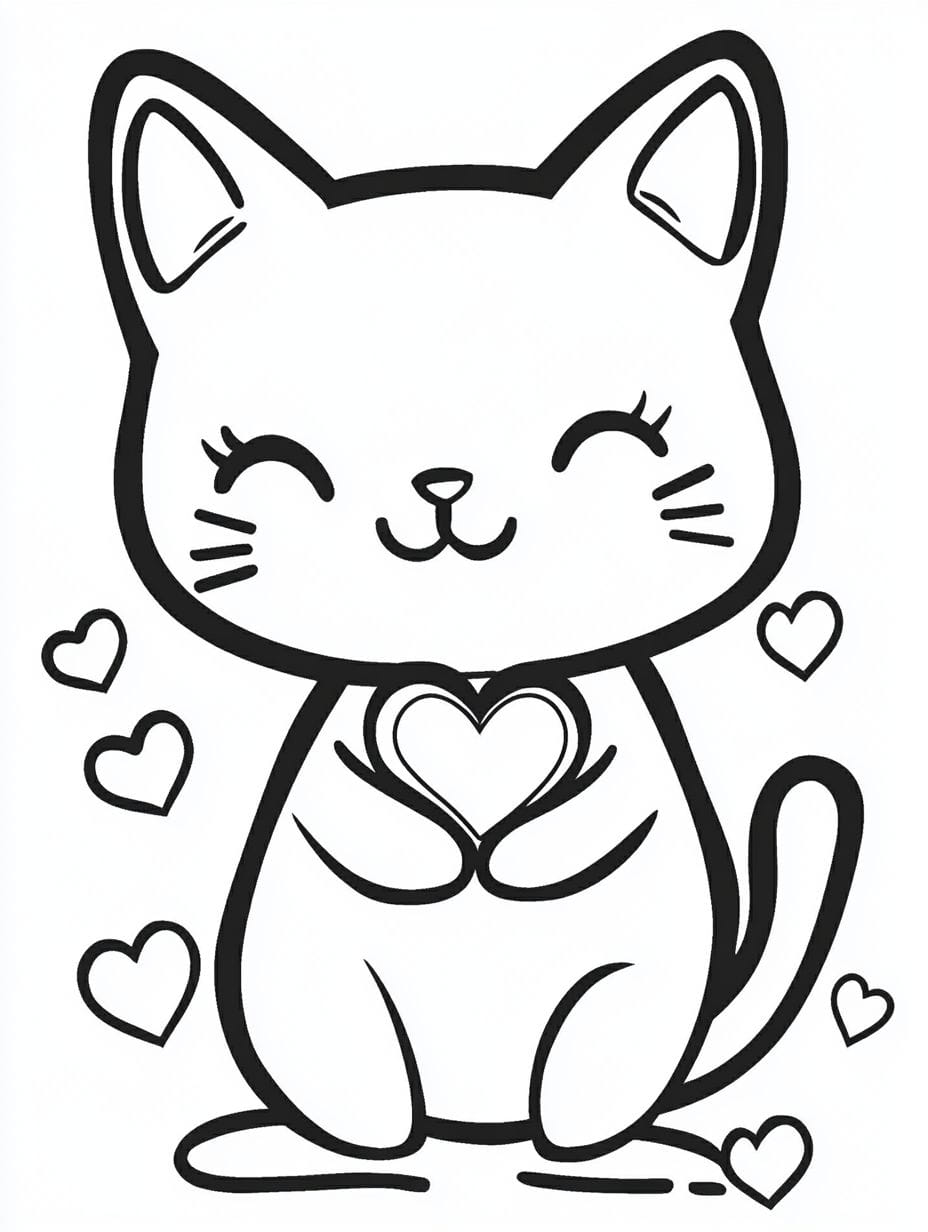 Smiling Cat Holding Love Hearts Coloring Pages