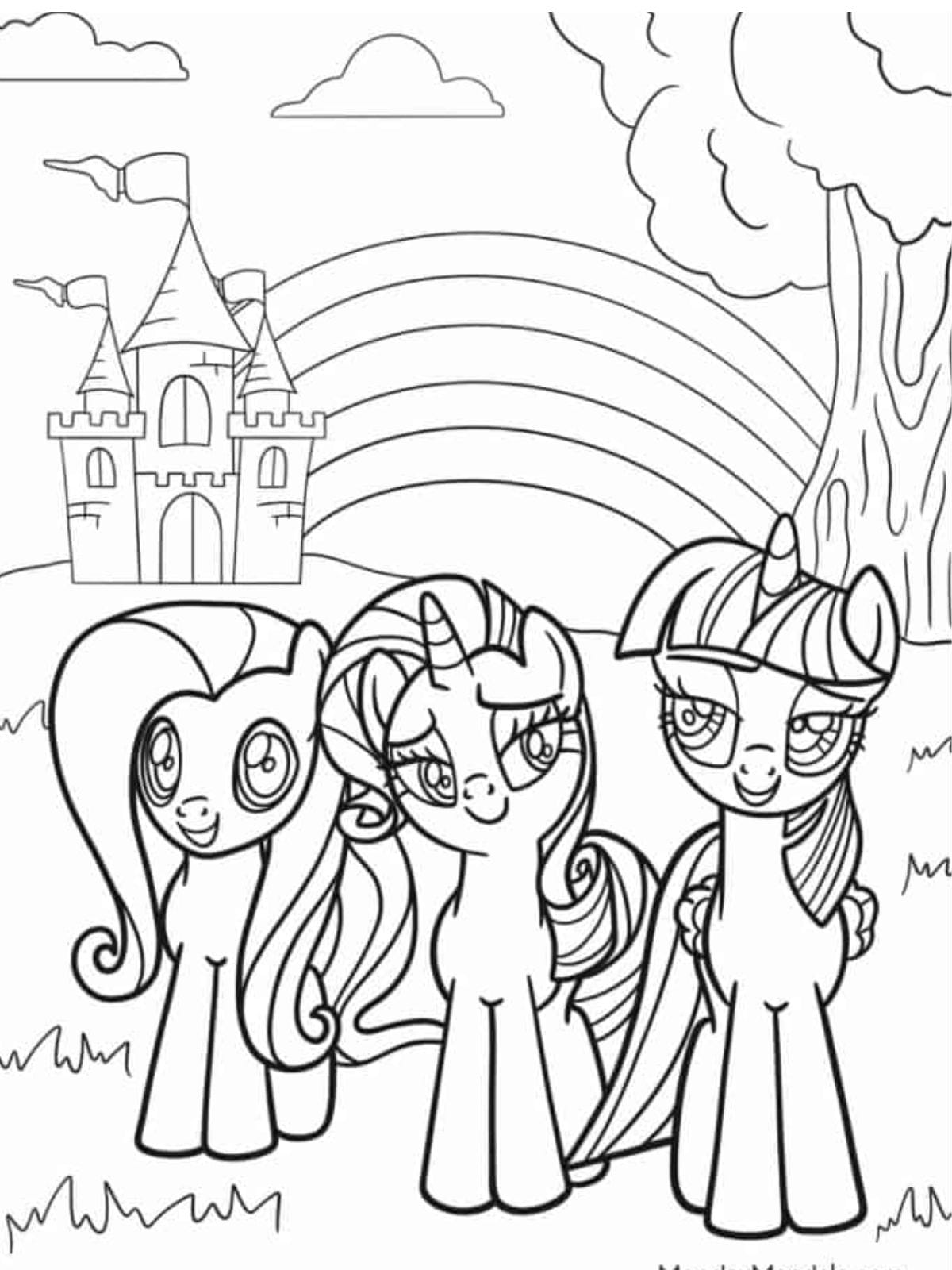 Smiling Fluttershy Rarity And Twilight Sparkle In Field Coloring Page