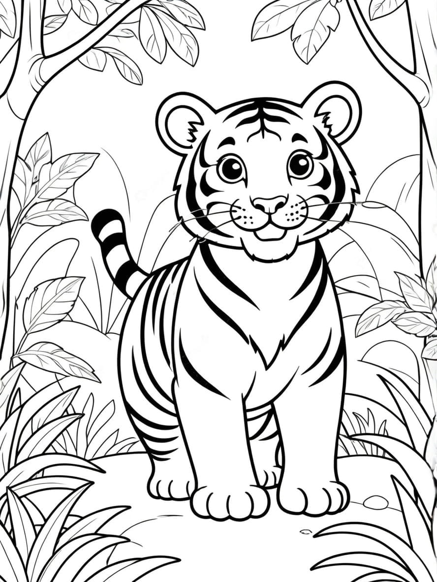 Smiling Tiger In Jungle Coloring Sheet For Kids