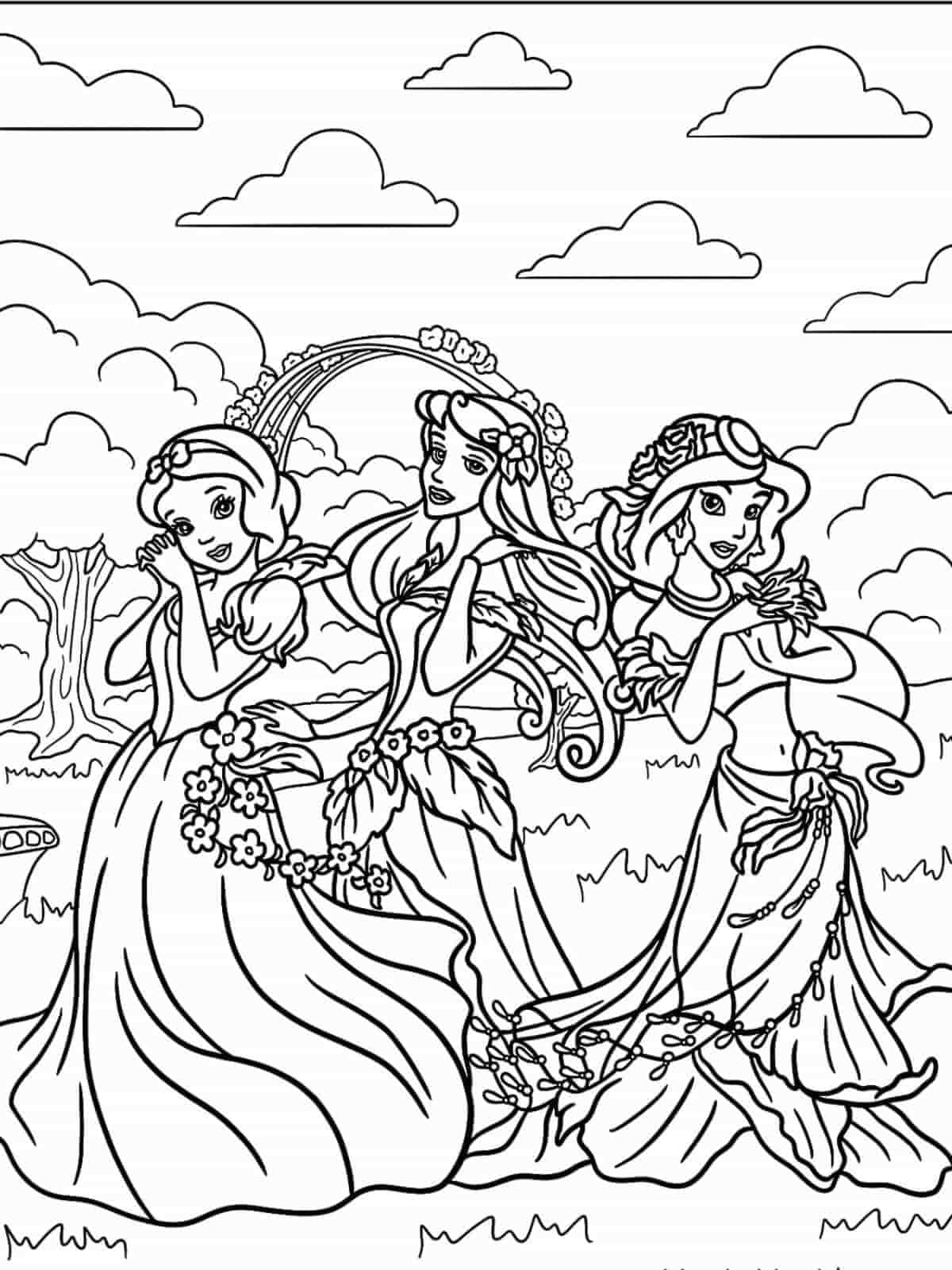 Snow White Aurora And Jasmine Surrounded With Flowers Coloring Page