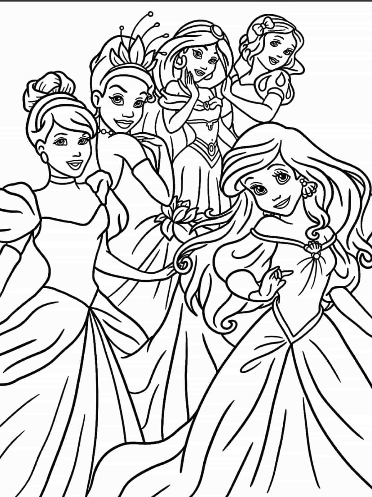 Snow White Jasmine Tiana Cinderella And Ariel Coloring Page