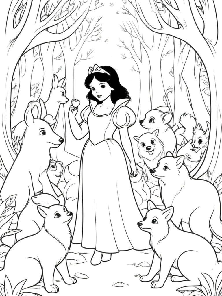 Snow White Surrounded By Forest Animals Coloring Pages