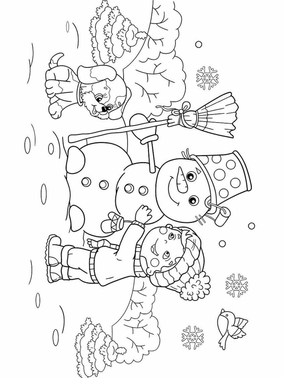 Snowman Building Coloring Pages For Kids