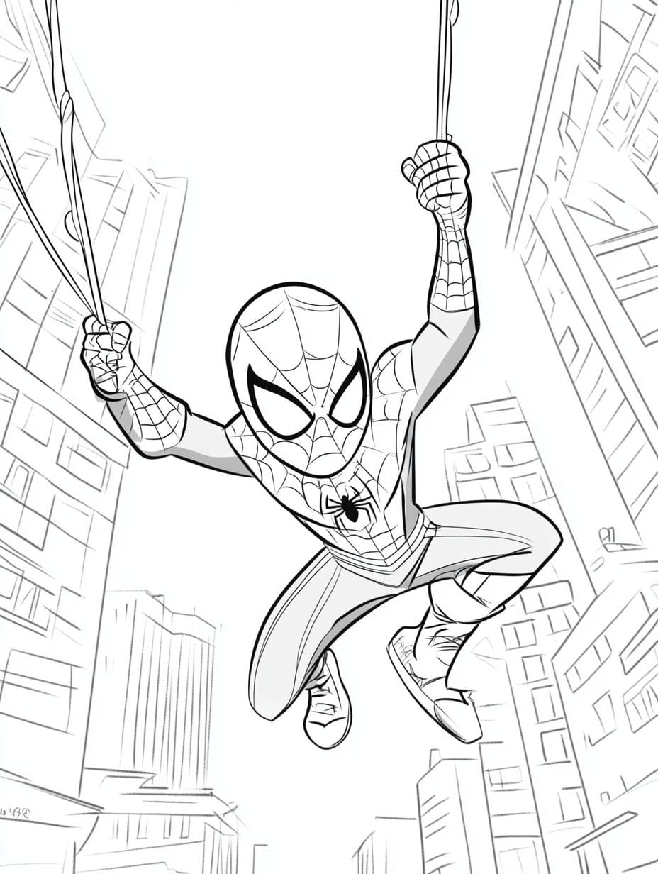 Spider Man Swing Between Buildings Coloring Pages