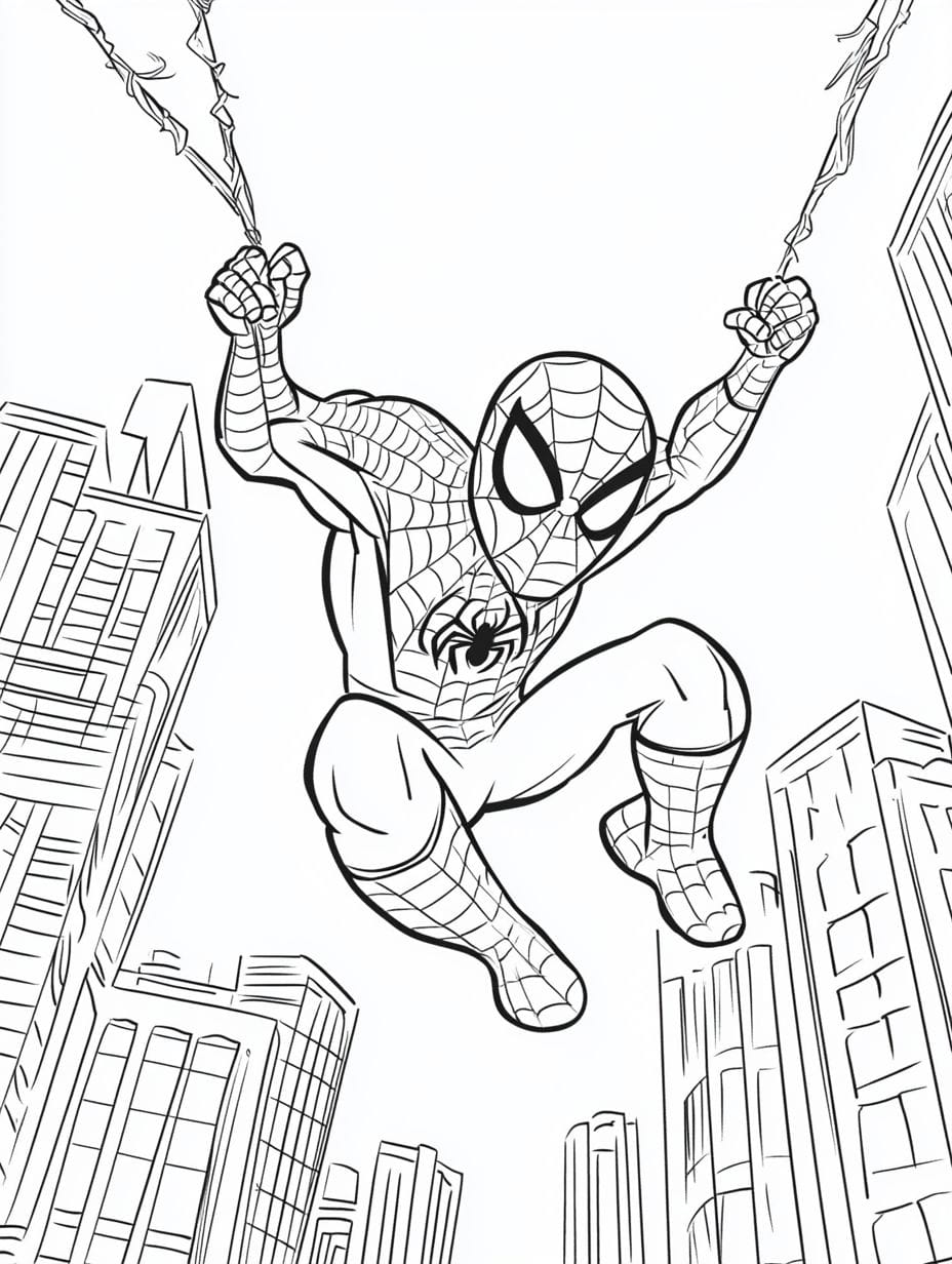 Spider Man Swinging Across Buildings Coloring Pages