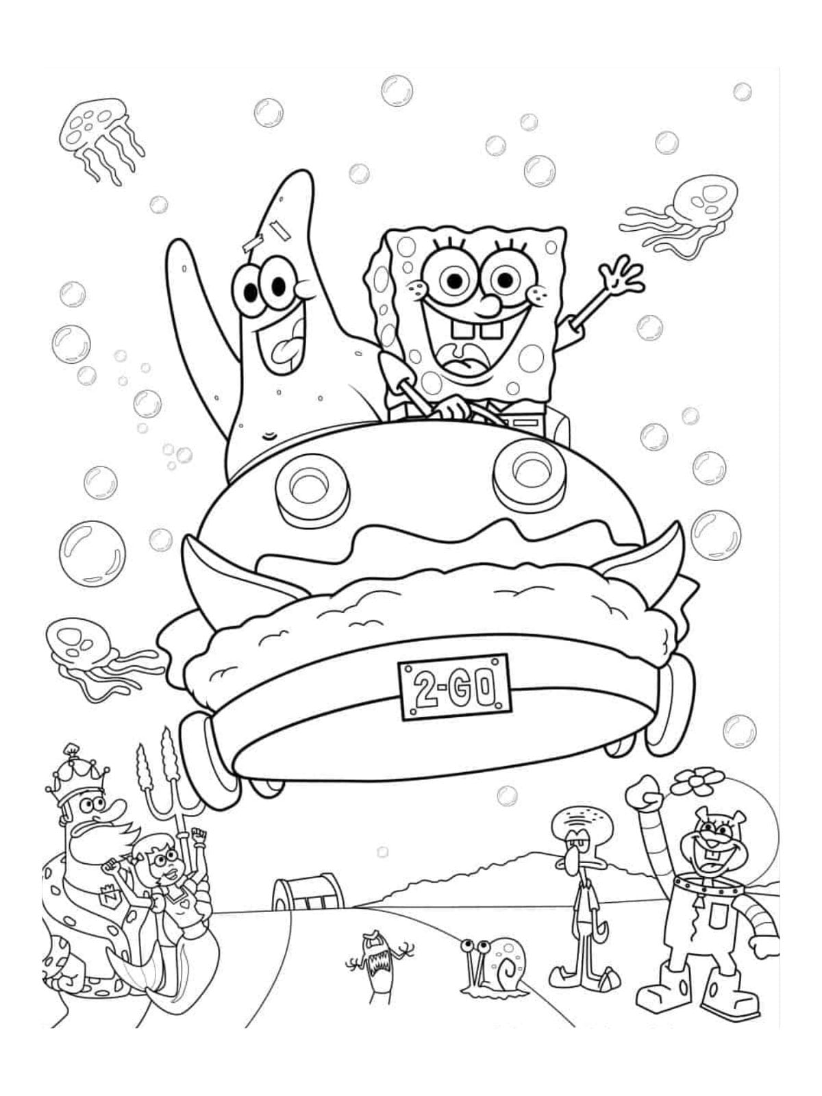 Spongebob And Patrik Driving The Patty Wagon Coloring Page For Kids