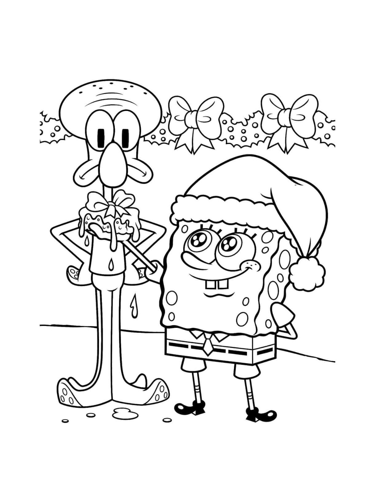 Spongebob And Squidward Christmas Coloring Page For Kids