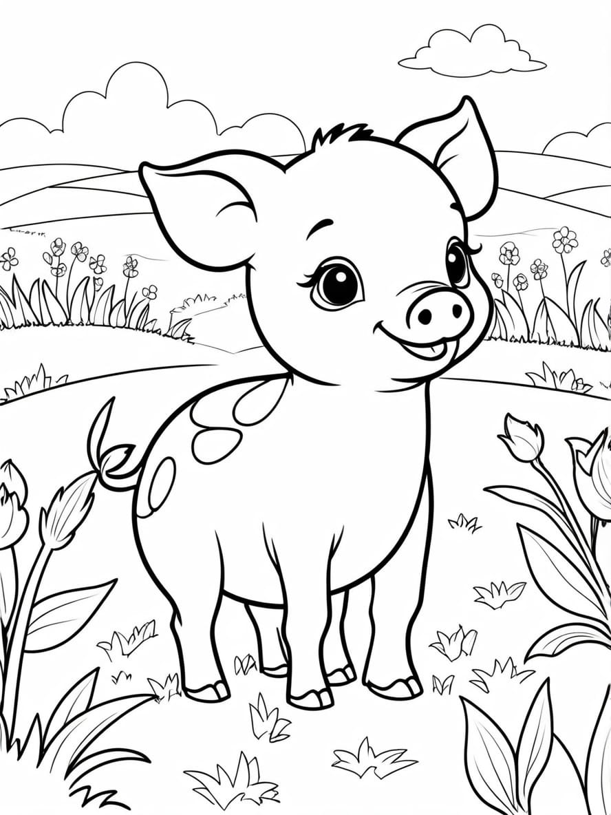 Spotted Piglet In A Field Coloring Page