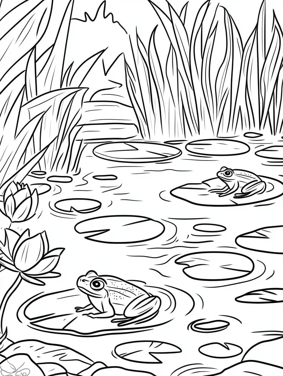 Spring Pond With Lily Pads And Frog Coloring Pages