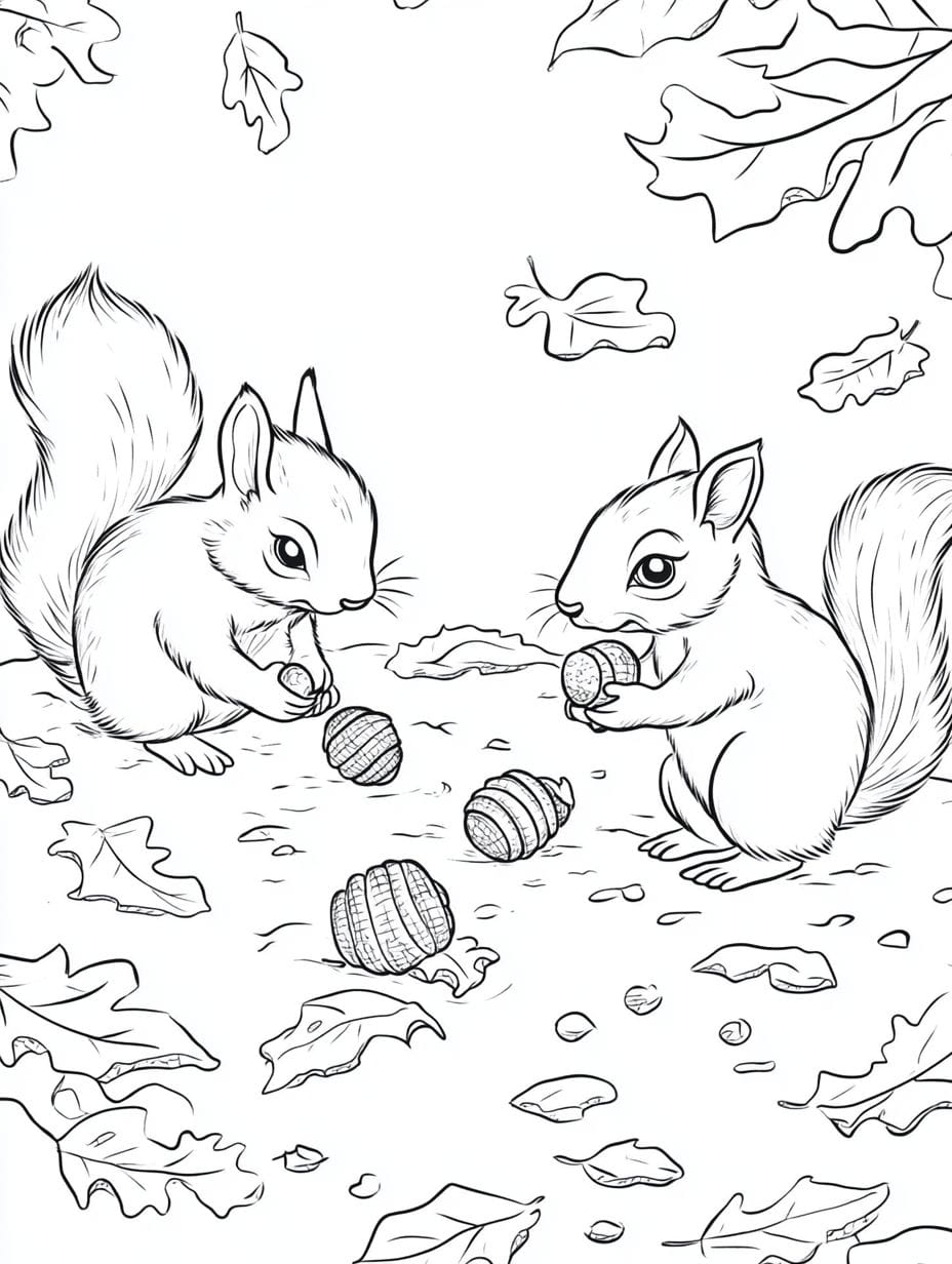 Squirrel Collecting Acorns Simple Coloring Page