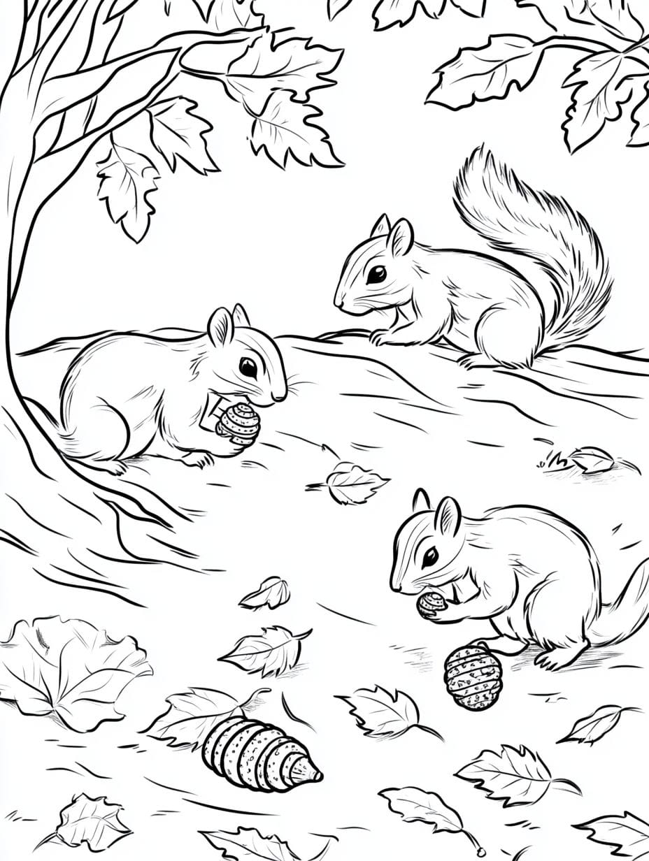 Squirrel Gathering Acorns Coloring Page