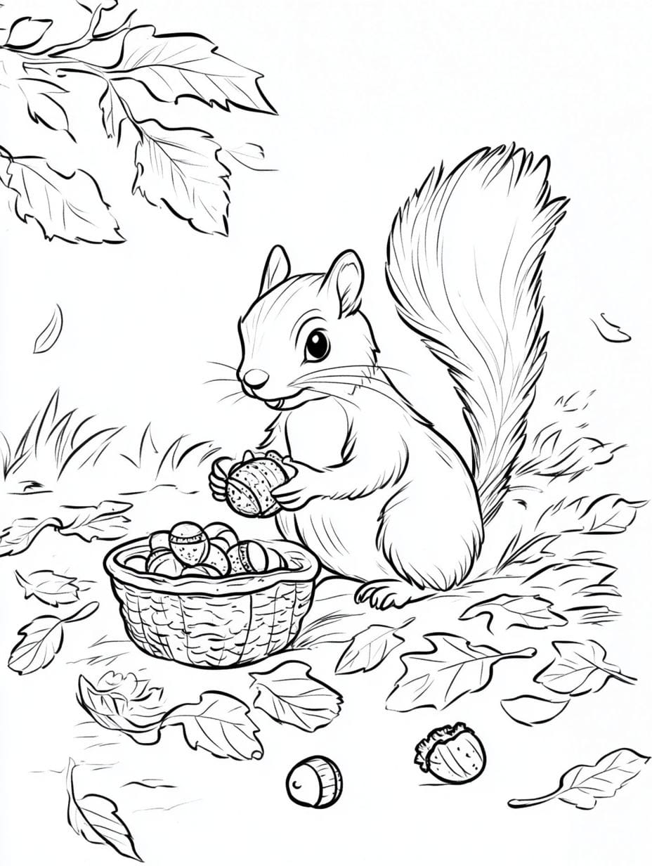 Squirrel Gathering Acorns Free Coloring Page