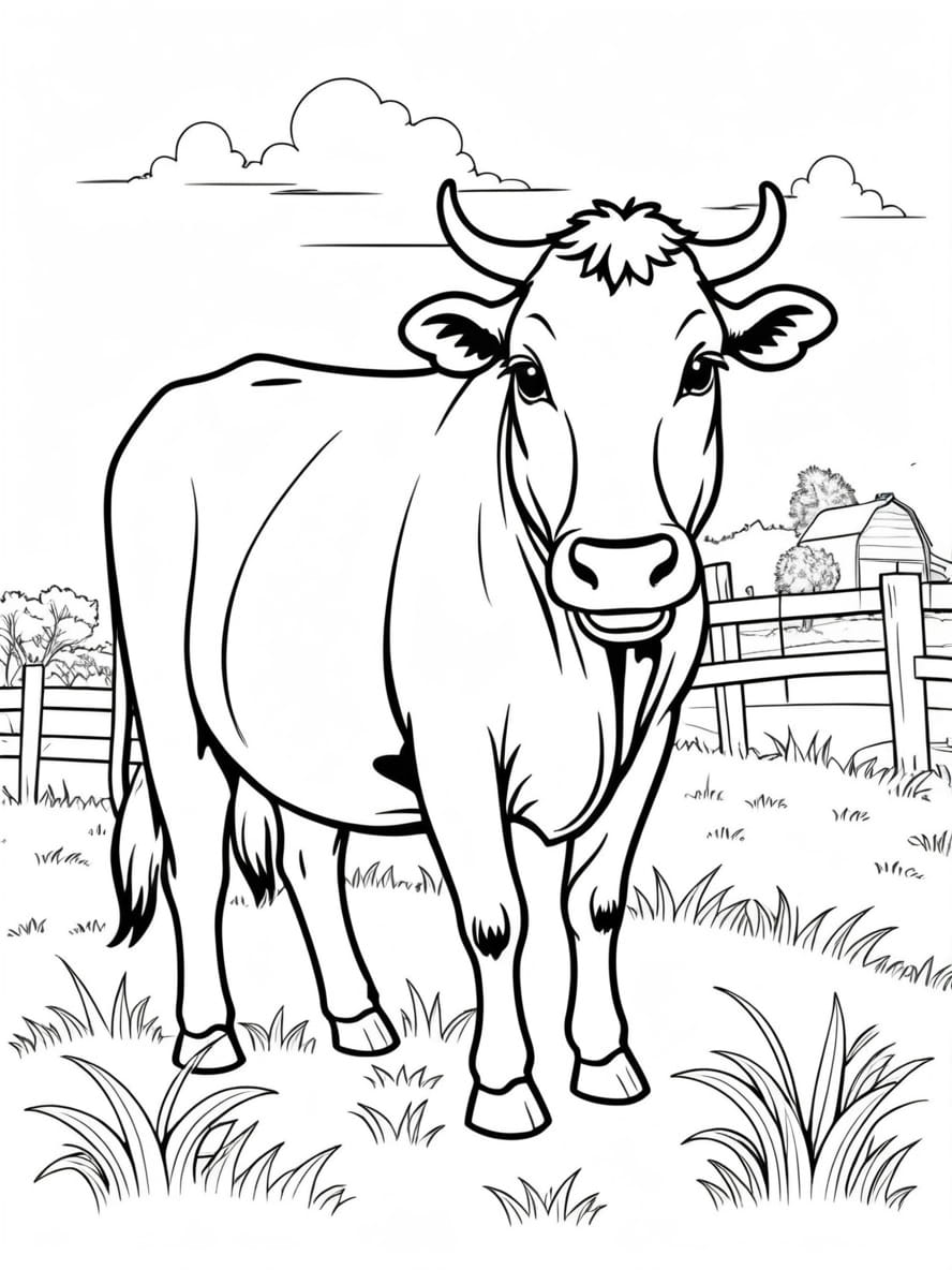 Strong Cow Eating Grass On Farm Coloring Pages