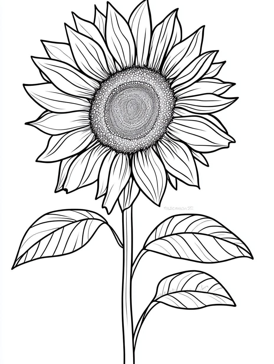 Sunflower With Three Leaves Coloring Pages