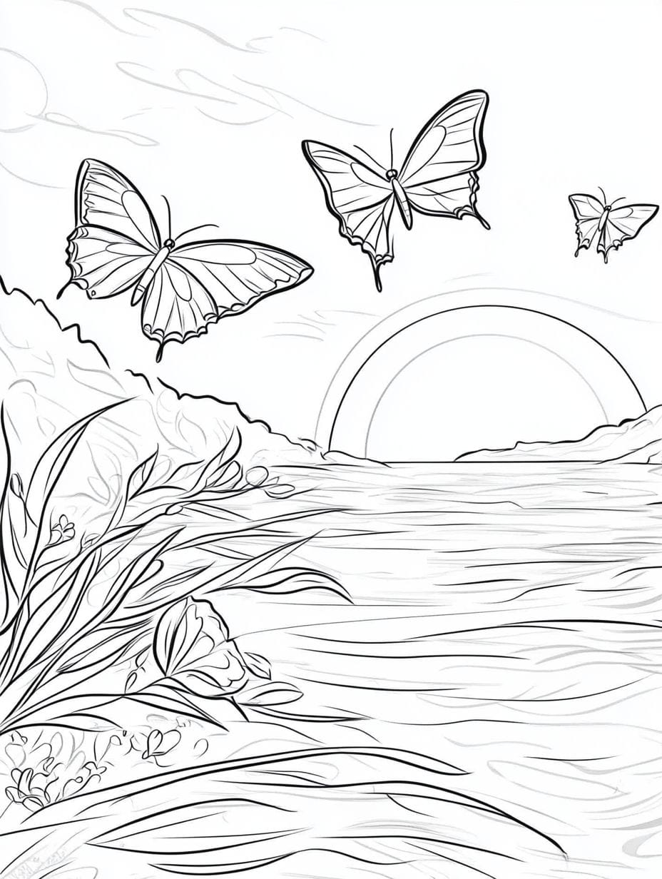 Sunset And Butterflies Coloring Pages