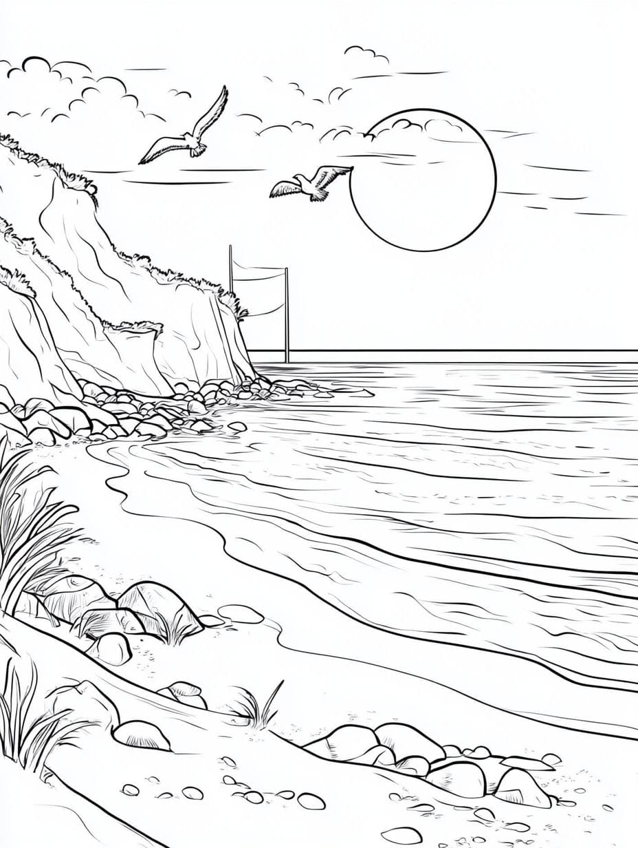 Sunset At The Beach And Birds Coloring Pages