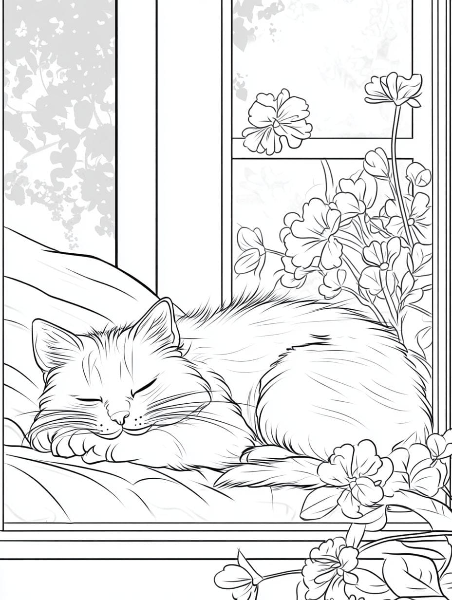 Sweet Sleeping Cat Coloring Pages