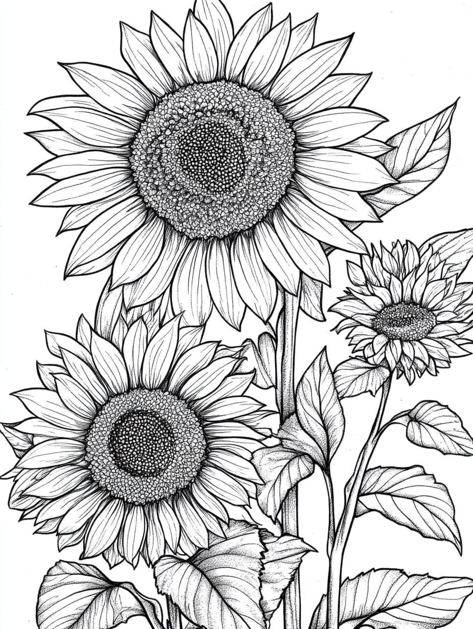 Three Beutiful Sunflower Coloring Pages