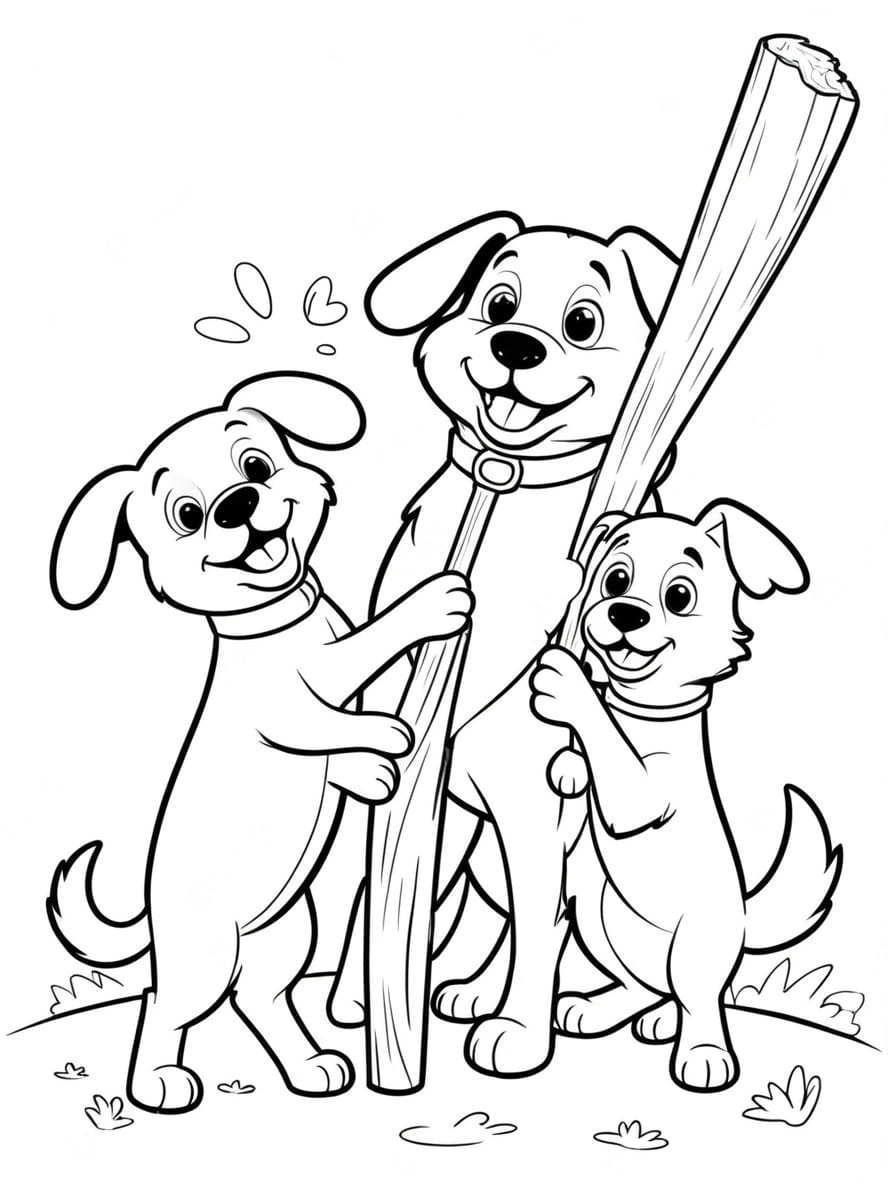 Three Dogs Playing With Large Stick Coloring Pages