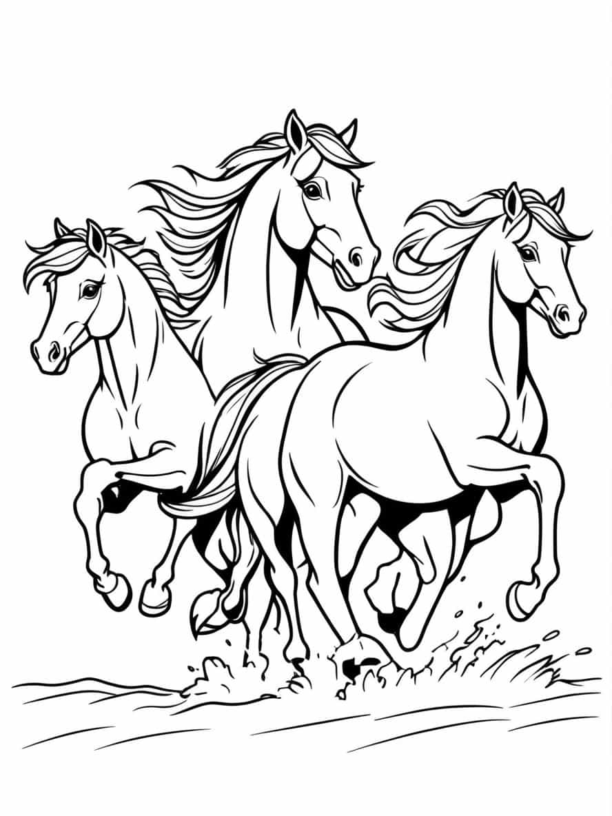 Three Horses Running Coloring Pages