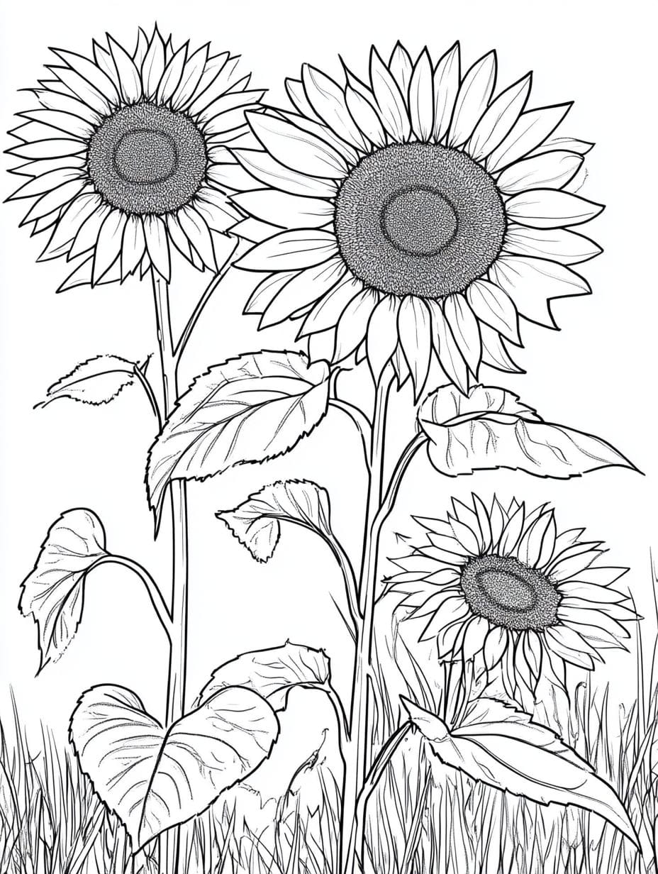 Three Sunflower Coloring Pages