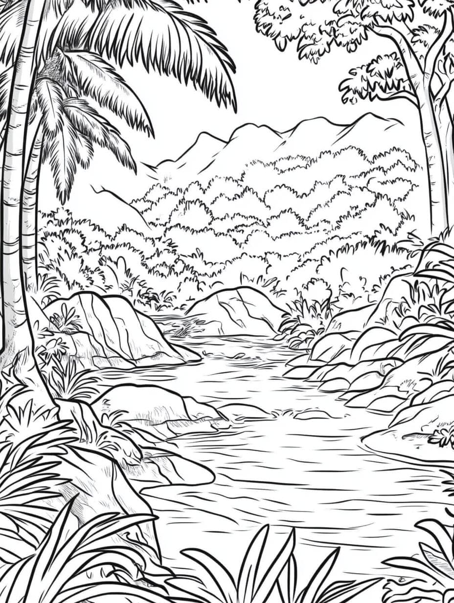 Tranquil Stream Jungle Coloring Pages